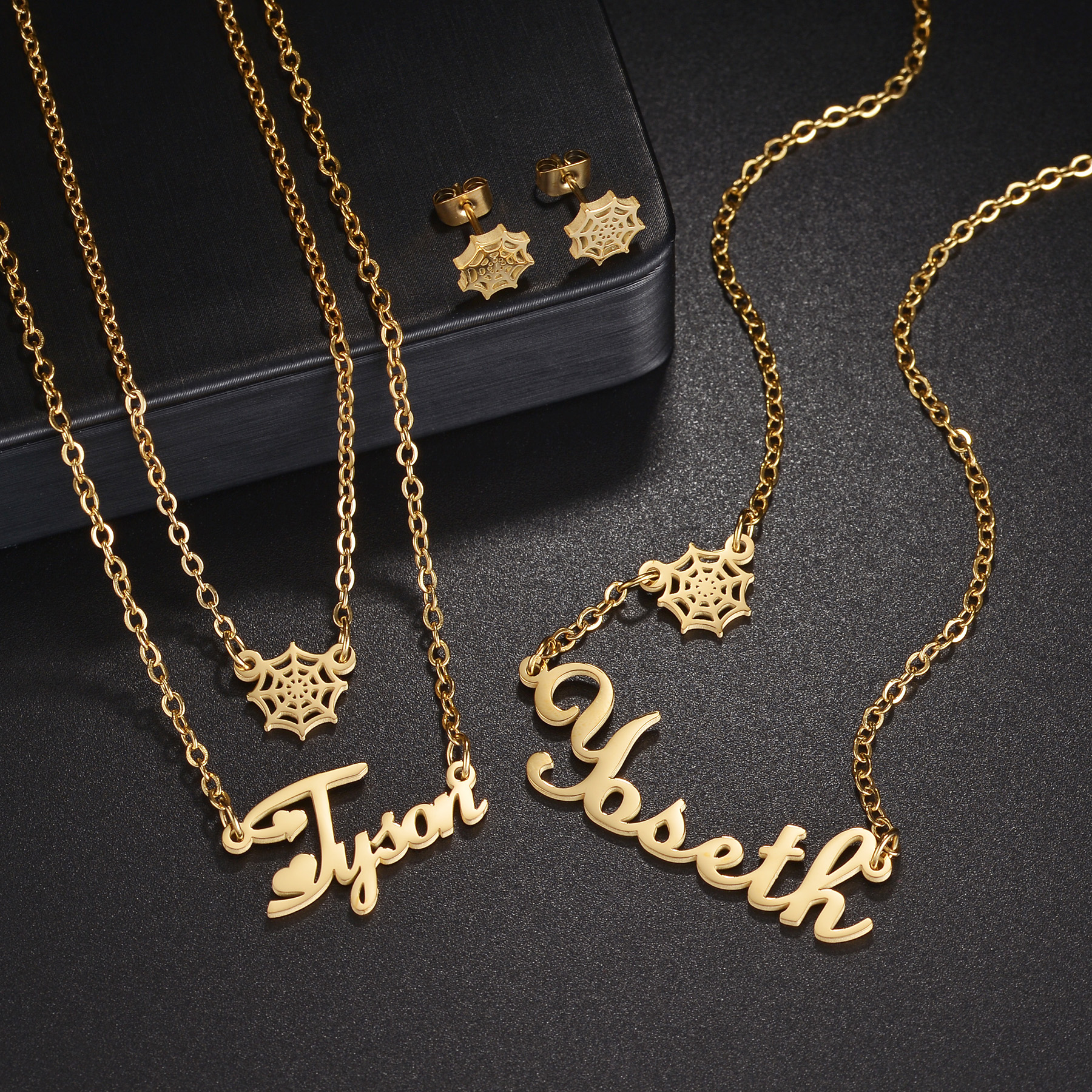 Men Fashion Kids - Customized Name Spider Web Necklace Earring
