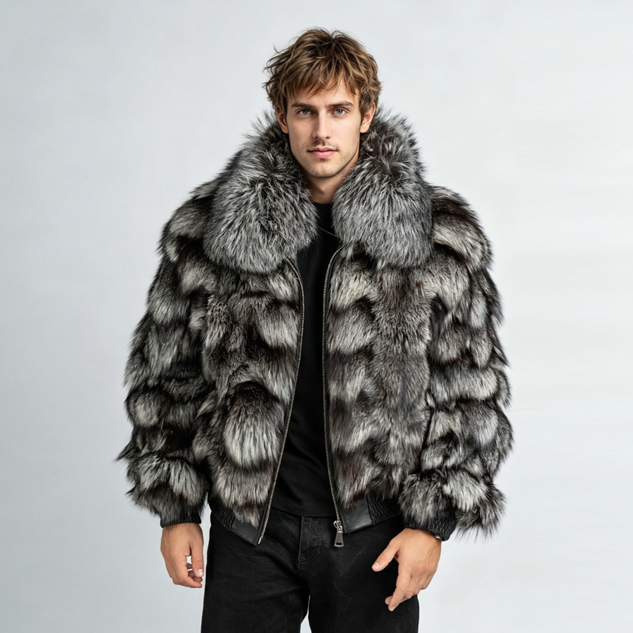 Bomber Jacket Men - Real Silver Fox Fur Jacket With