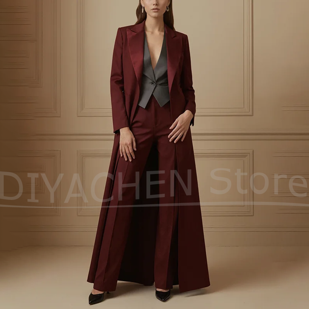 Formal Waistcoat Vest - Women's Suit Set Burgundy Long Coat
