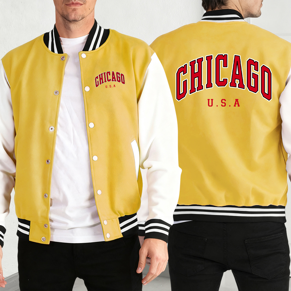 Mens Fashion Baseball Jersey - Chicago Usa Words Print Man Coat