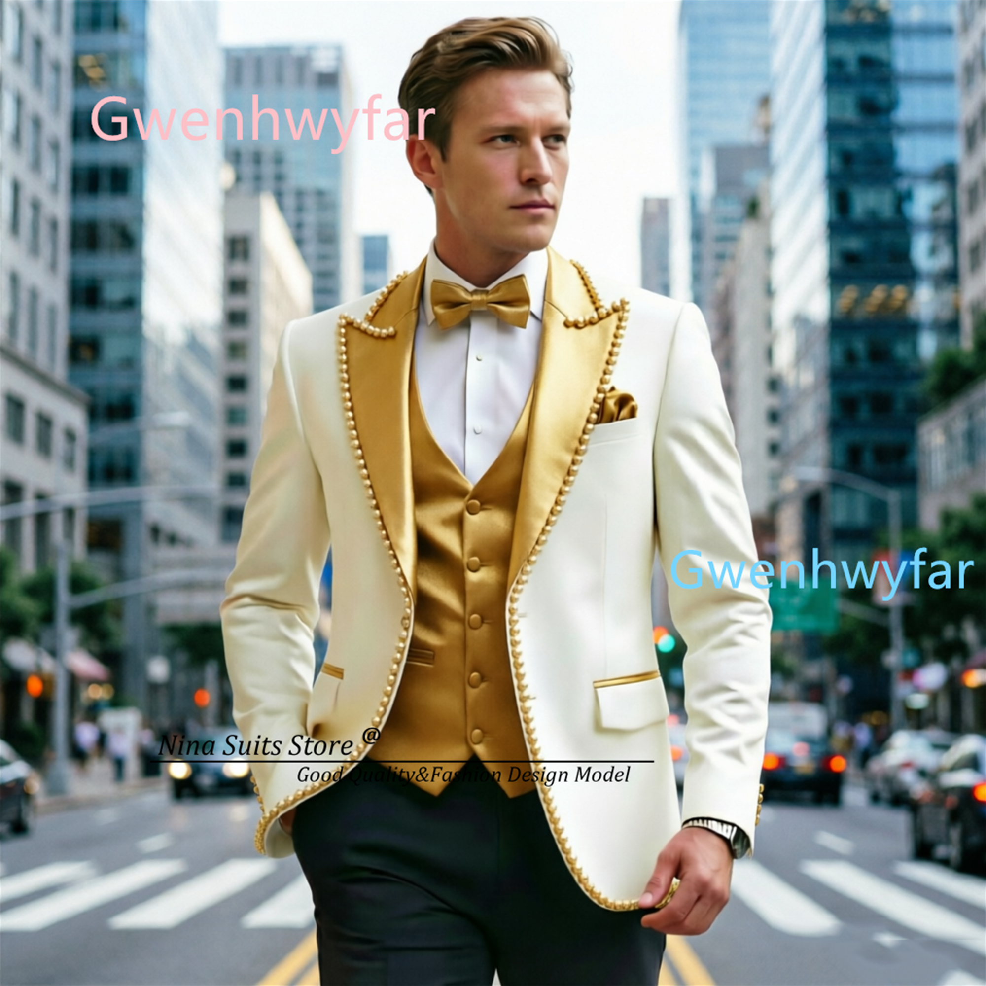 Gwenhwyfar Luxury Ivory Black  - Formal Waistcoat Vest avis et prix