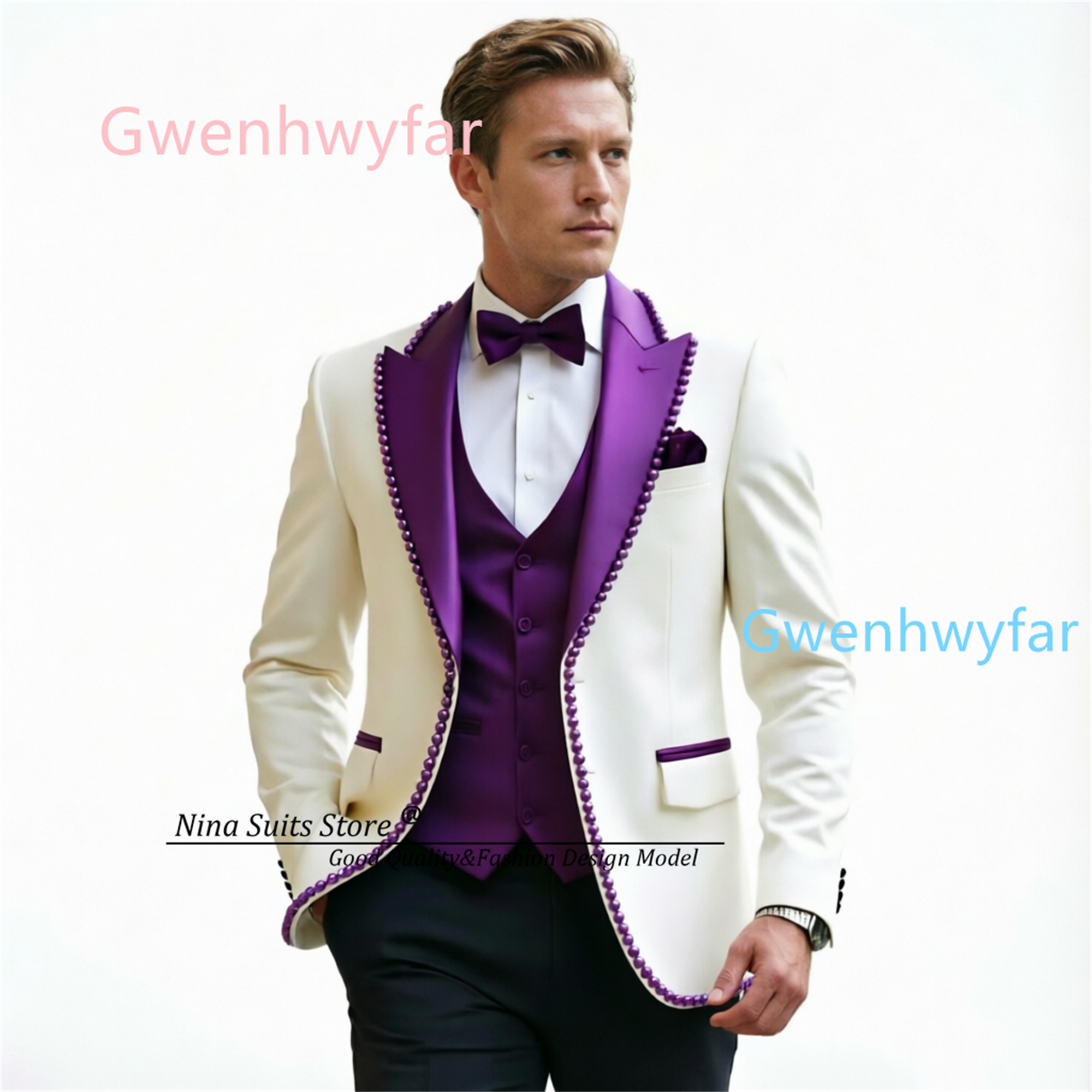 Gwenhwyfar Luxury Ivory Black  - Formal Waistcoat Vest avis et prix