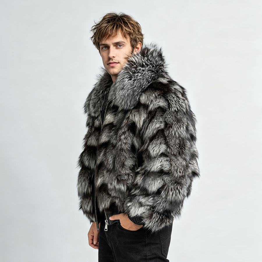 Real Silver Fox Fur Jacket Wit - Bomber Jacket Men avis et prix