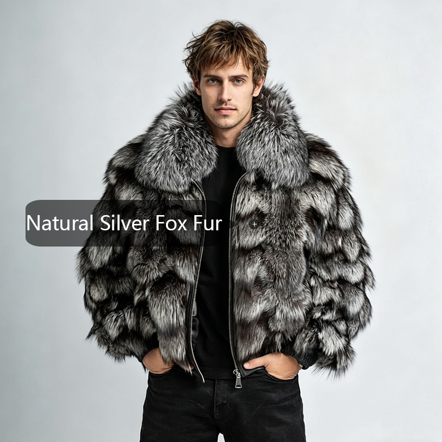 Real Silver Fox Fur Jacket Wit - Bomber Jacket Men avis et prix